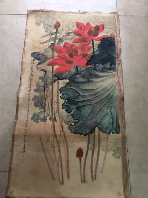 Old Chinese Painting Scroll Hand Painted"Lotus" Painting Paper Slice 2314