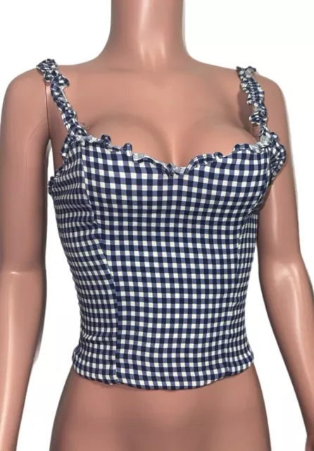 Blue Gingham Reformation ruffle Smocked sweetheart zip back  Cami Top sz 4 Y2K