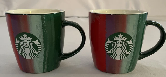 Pair Starbucks Mugs 2021 Christmas Holiday Winter Vertical Stripes Logo 12 oz