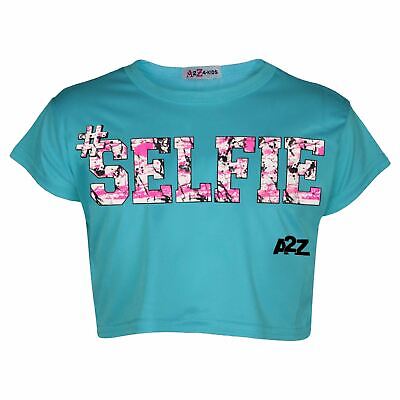 Kids Girls Crop Top #Selfie Turq Trendy Floss Fashion Stylish Belly Shirt Tees