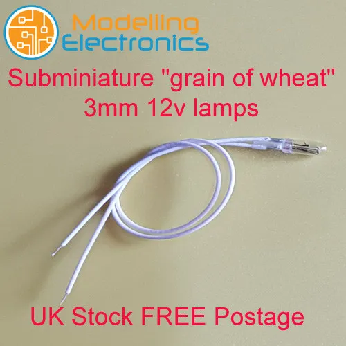 10x Clear White Subminiature Grain of Wheat Bulb / Lamp 12v 3mm 120mm wire leads