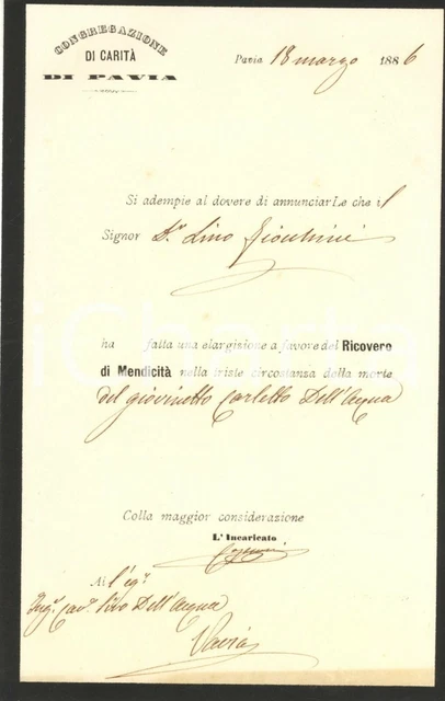 1886 VENEZIA CONGREGAZIONE di Carità - Lettera a un ...