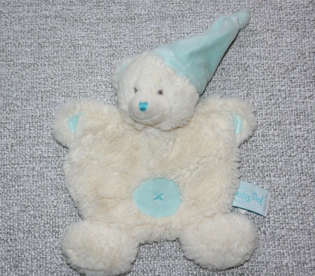 Babynat Baby Nat Doudou Ours Plat Blanc Bonnet Lutin Bleu Croix  Etat Neuf