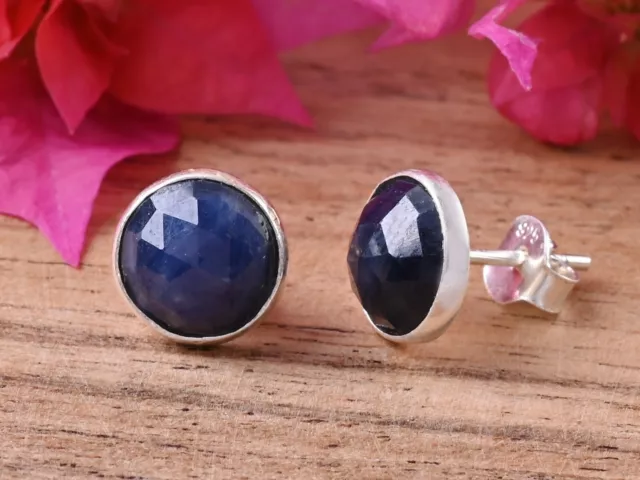 Round Natural Blue Sapphire Gemstone jewelry,925 Sterling Silver Studs Earrings