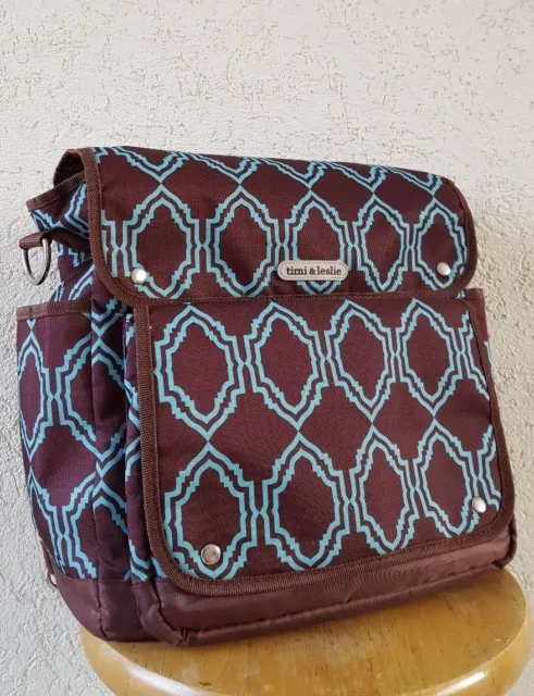 TIMI & LESLIE Stylish Moms Backpack Messenger Baby Diaper Canvas Bag Brown Blue