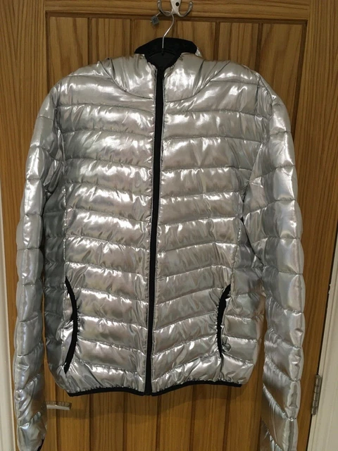 LADS / MENS SHINY SILVER METALLIC BRAVE SOUL HOODED PUFFER JACKET USED COND Sz L