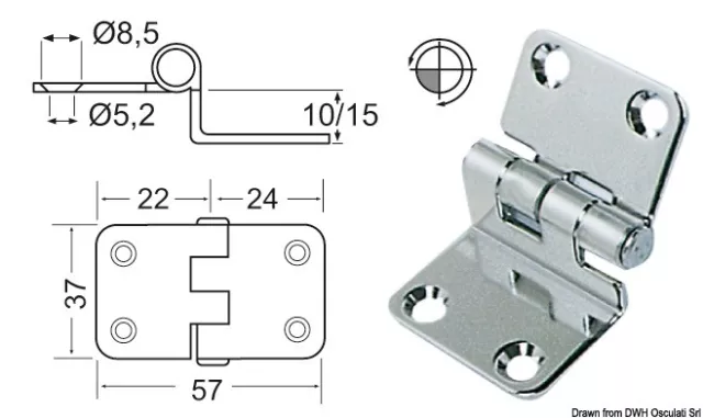 Charnière Inox 57x37x15 MM Marque Osculati 38.441.56 Charnière Inox 57x37x15 MM Marque Osculati 38.441.56