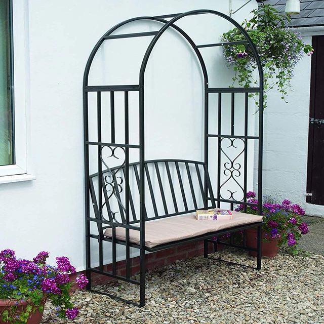 GARDEN METAL BLACK Rose Arch Trellis Climbing Plant With Bench Pergola ...