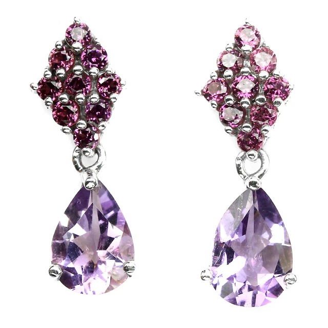 Unheated Pear Amethyst Rhodolite Garnet 925 Sterling Silver Earrings