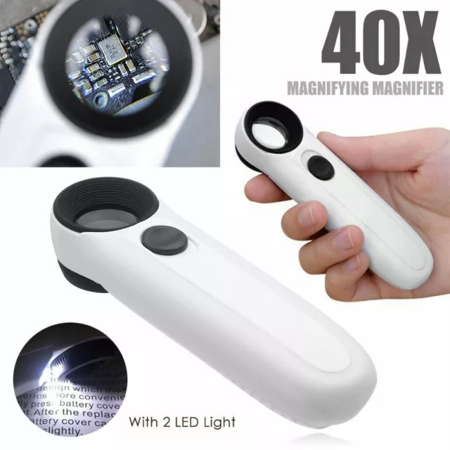 40x Lupe mit 2 LED Licht Leselupe Vergrößerungsglas Leucht Handlupe Juwelie D3P9