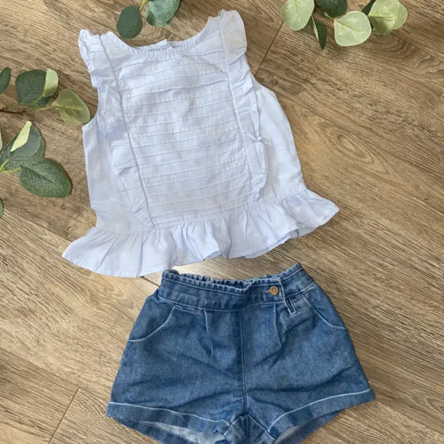 NEXT girls pretty pastel blue  frill top and denim shorts outfit 2-3 yrs