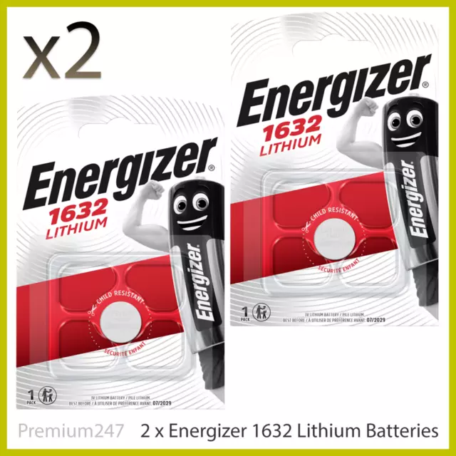 2 x Energizer 1632 CR1632 3V Lithium Coin Cell Battery DL1632 KCR1632, BR1632