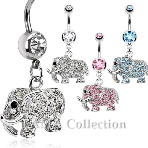 FAMA Elephant Multi Paved CZs Dangle Navel Belly Ring 316L Surgical Steel