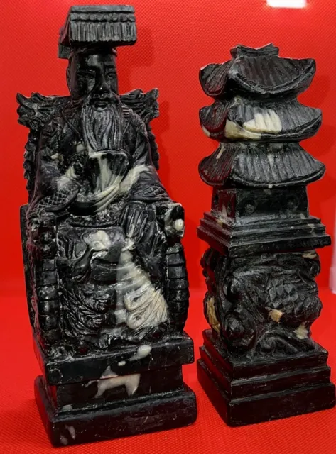 VTG Chinese Hand Carved Soapstone Onyx Jade Nephrite Set Emperor Dragon Foo Dog