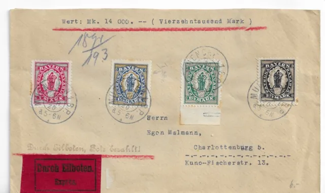 Briefmarken, Altdeutschland, Bayern, Wertbrief-Eilote nach Charlottenburg, 1920