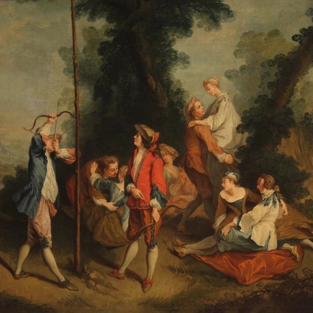 Pintura rococo francesa antigua oleo sobre lienzo escena de genero galante 700