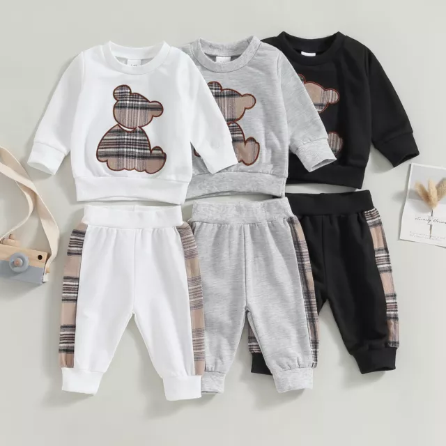 Baby Girl Boy Clothes Long Sleeve Plaid Bear Print Sweatshirt Tops Pants Outfit