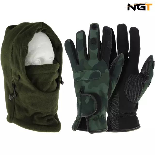 NGT Combo Neoprene Carp Fishing Camo Gloves + Snood Face Guard Warm (All Sizes)