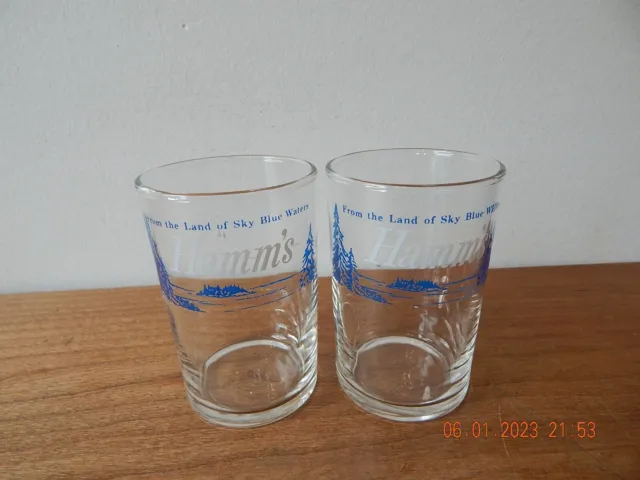 2 Hamms Beer Glass Smooth Mellow Beer 3-1/2" Tall From Land Of Sky Blue Water