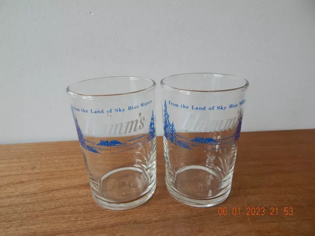 2 Hamms Beer Glass Smooth Mellow Beer 3-1/2" Tall From Land Of Sky Blue Water