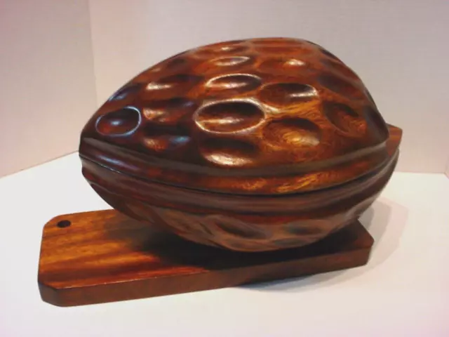 Vintage Carved Walnut Nut Cracker Bowl Set With Tools Mid Century 13”