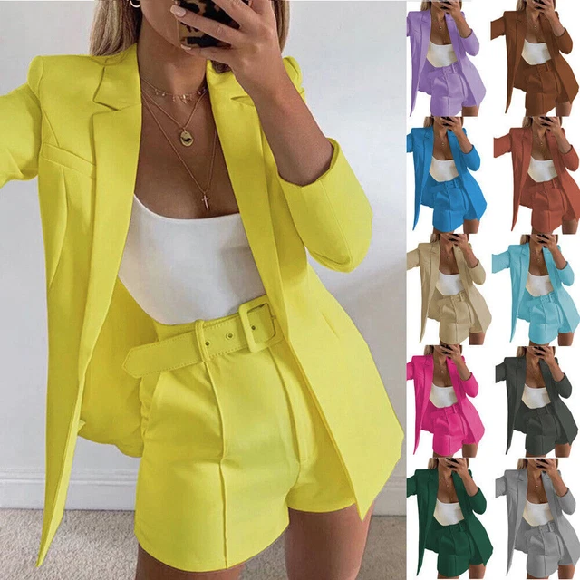 Donna Giacca Blazer Coordinato Set Top+Pantaloncini Ufficio Lavoro Abito 2PC ☽
