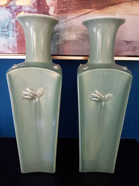 Pair Of Rare Art Deco Clarice Cliff Pottery "KANG" Celadon Glaze Vases H.30.5 cm