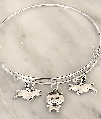 Flying Pigs & Cute Mr. Pig Double Sided Silver charms Expandable Bangle Bracelet
