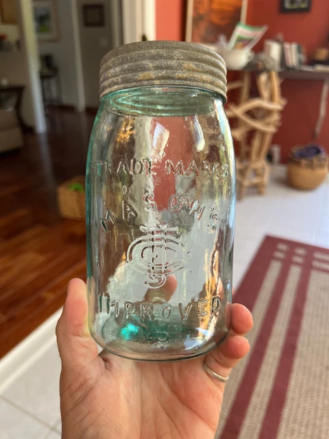19th c. Aqua Trademarks Mason's CFJ Co. Improved  Quart Fruit Jar with Lid