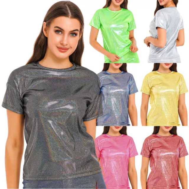 Women's Shiny Tops Metallic Shirts Sparkles Ultra Soft Glitter Blouse Streetwear