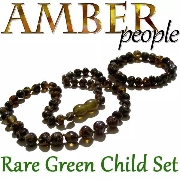 Rare Dark Green Baltic Amber Child Necklace & Bracelet Set