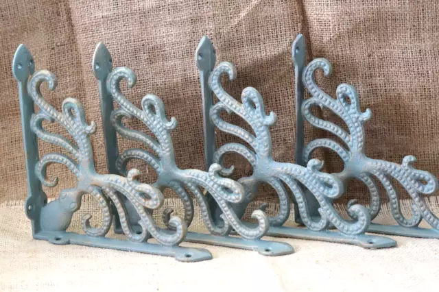 4 Cast Iron Octopus Brackets Nautical Garden Braces Shelf Corbels Ocean Book