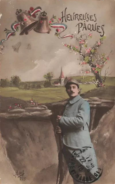 CPA Fantaisie Militaire - Heureuses Pâques - Soldat dans les tranchées