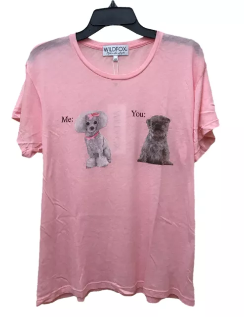 Wildfox Couture Women Me Vs. You Cute Dog Printed Mancheser Tee T-shirt Top Pink