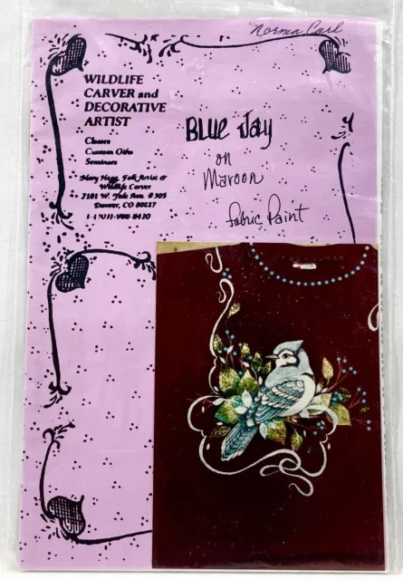 1993 Mary Hegg Blue Jay on marrón tela decorativa patrón de pintura Vintg 11586