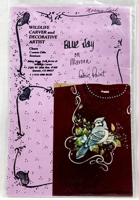 1993 Mary Hegg Blue Jay on marrón tela decorativa patrón de pintura Vintg 11586