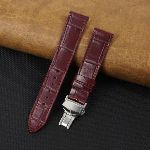 Burgundy Real Alligator Watch Band Flat Crocodile Watch Strap Silver Deployment