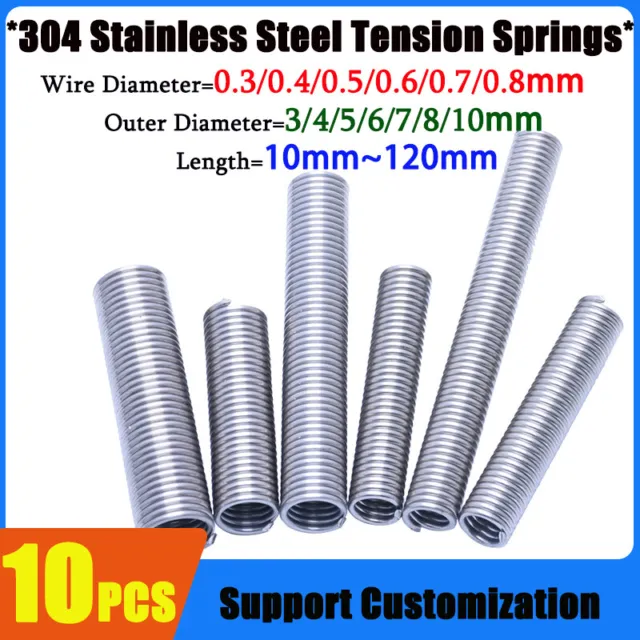 10pcs Stainless Steel Tension Spring 0.3mm~0.8mm Extension Spring Hookless Ring