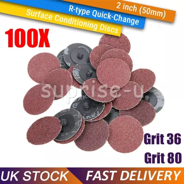 100X 36/80 Grit Roloc Type Sanding Discs Pad 2" Abrasive Sandpaper Roll Lock UK