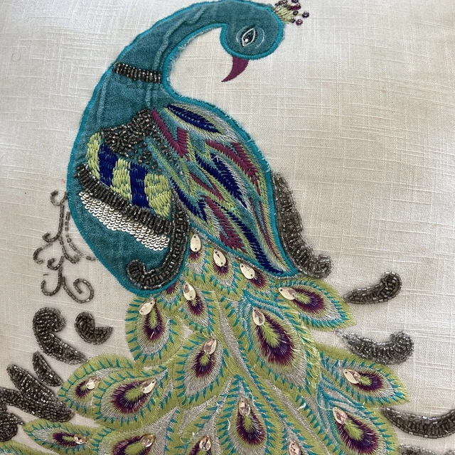 PIER ONE IMPORTS Throw Pillow 17 square Beaded Teal gold Peacock