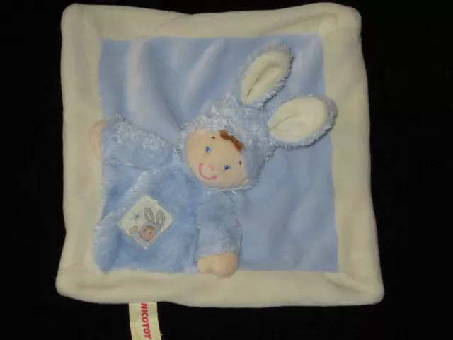 Doudou carré plat Garçon déguisé en Lapin bleu et blanc Nicotoy