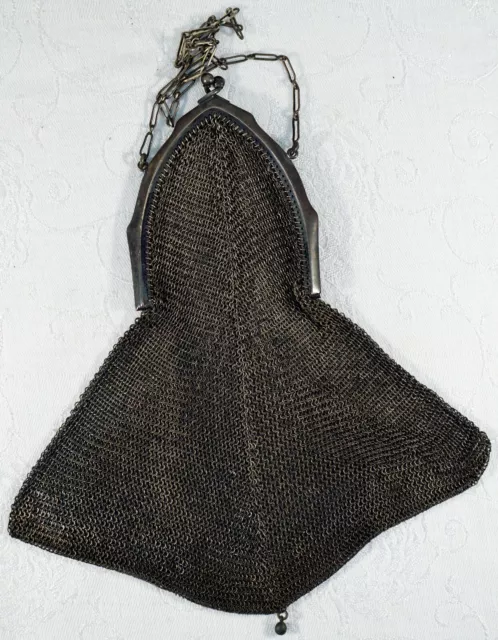Antique Silver Mesh Purse Handbag Dome top and Unique Shape Fine Mesh