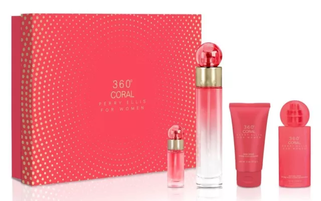 360 Coral by Perry Ellis for Women 4 Pc Gift Set Perfume Body mist shower gel