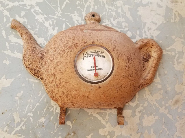 Vintage TEL TRU Tin Tea Kettle Pot w/ Working Thermometer