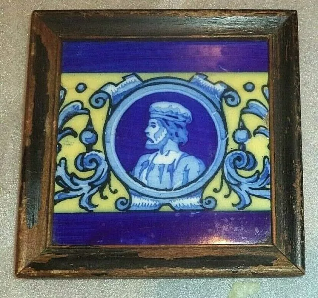 glazed antique art tile Old Master Titan in wood frame