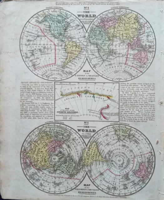 ©1839 Mitchell Equ.&Polar Pro.World Map-Antarctic-Explorers-NJ Genealogical Info