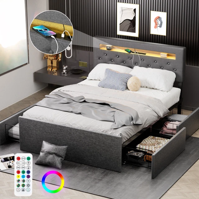 Queen Size Bed Frame With LED Lights, Upholstered Platform Bed With Storage Drawers, Princess Bed With Diamond Headboard And Footboard, No Box Spring Needed, Easy Assembly, Pink