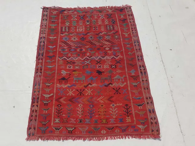 Fine Vintage Traditional Hand Made Oriental Wool Red Kilim Rug 126x97cm 2