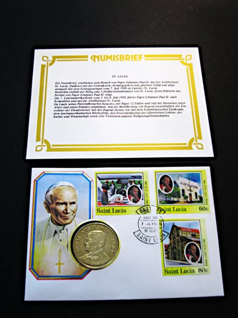 Numisbrief  Saint Lucia  5 Dollars  1986  "Johannes Paul II."