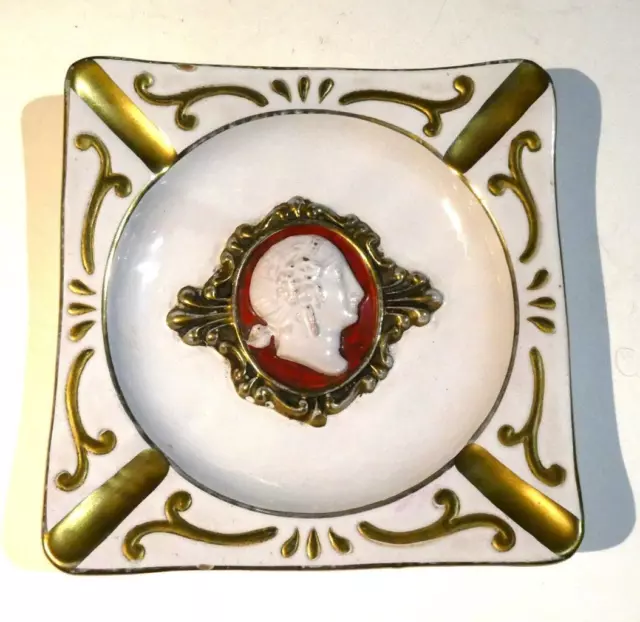 Vintage Italian Renaissance Style Repouse Cameo Ceramic Gold Gilt Ashtray